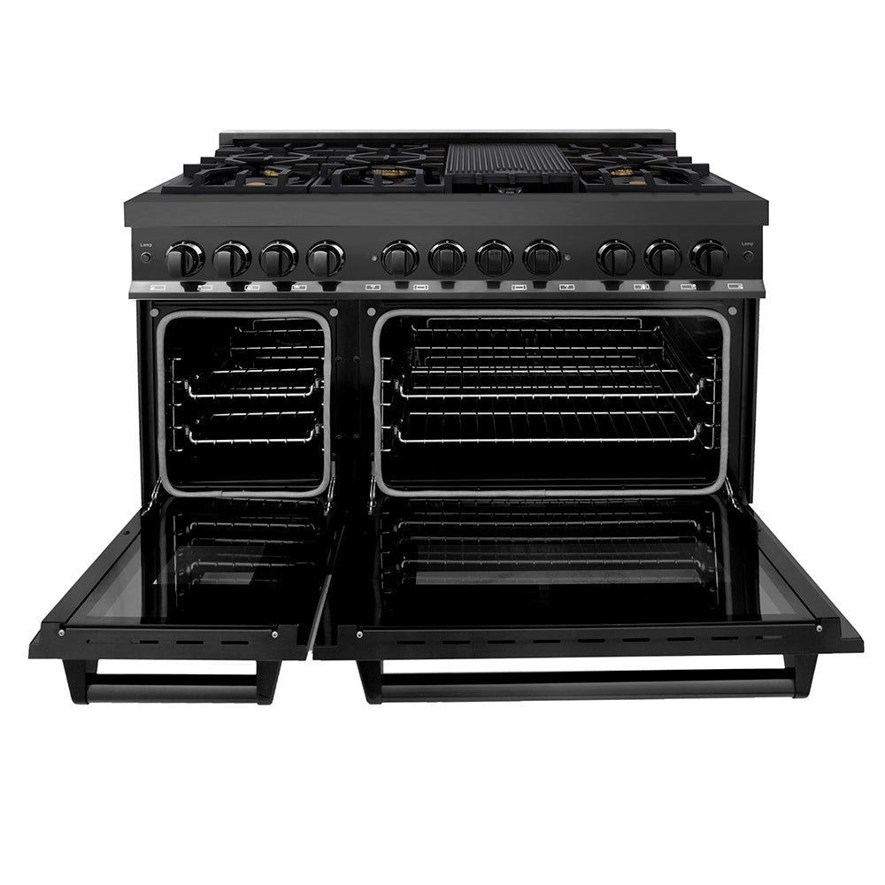 ZLINE 48 in. 6.0 cu. ft. Legacy Dual Fuel Range with Gas Cooktop and 2 Electric Ovens in Black Stainless Steel with 6 Brass Burners, Open Box-Excellent Condition