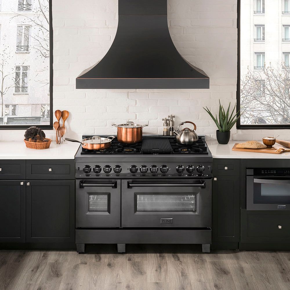 ZLINE 48 in. 6.0 cu. ft. Legacy Dual Fuel Range with Gas Cooktop and 2 Electric Ovens in Black Stainless Steel with 6 Brass Burners, Open Box-Excellent Condition