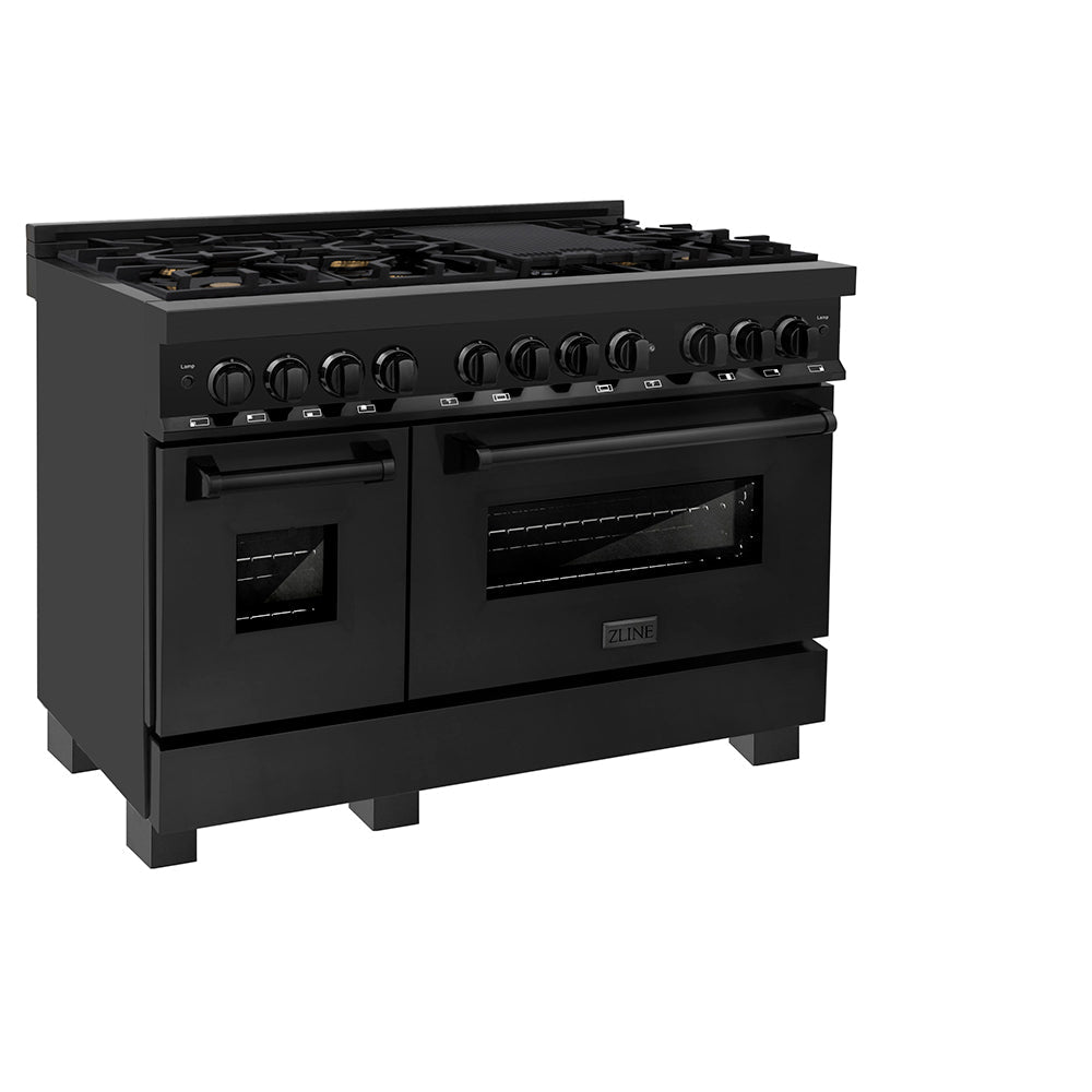 ZLINE 48 in. 6.0 cu. ft. Legacy Dual Fuel Range with Gas Cooktop and 2 Electric Ovens in Black Stainless Steel with 6 Brass Burners, Open Box-Excellent Condition