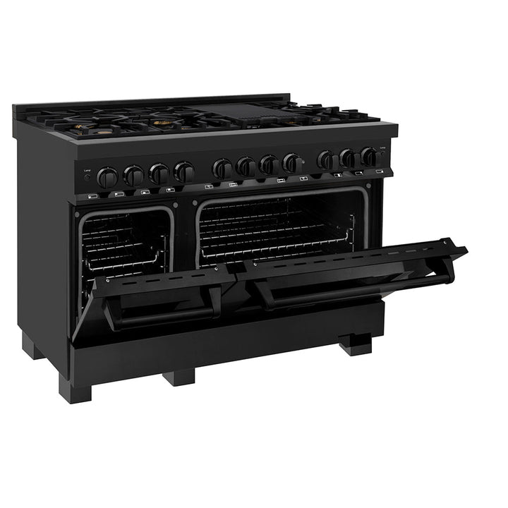 ZLINE 48 in. 6.0 cu. ft. Legacy Dual Fuel Range with Gas Cooktop and 2 Electric Ovens in Black Stainless Steel with 6 Brass Burners, Open Box-Excellent Condition