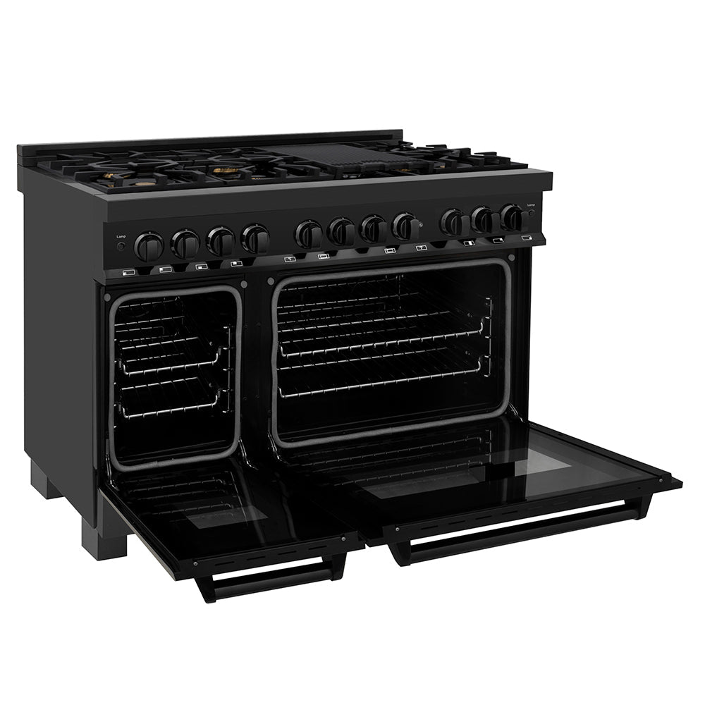 ZLINE 48 in. 6.0 cu. ft. Legacy Dual Fuel Range with Gas Cooktop and 2 Electric Ovens in Black Stainless Steel with 6 Brass Burners, Open Box-Excellent Condition