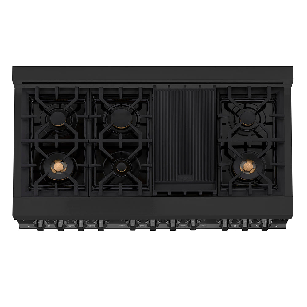 ZLINE 48 in. 6.0 cu. ft. Legacy Dual Fuel Range with Gas Cooktop and 2 Electric Ovens in Black Stainless Steel with 6 Brass Burners, Open Box-Excellent Condition