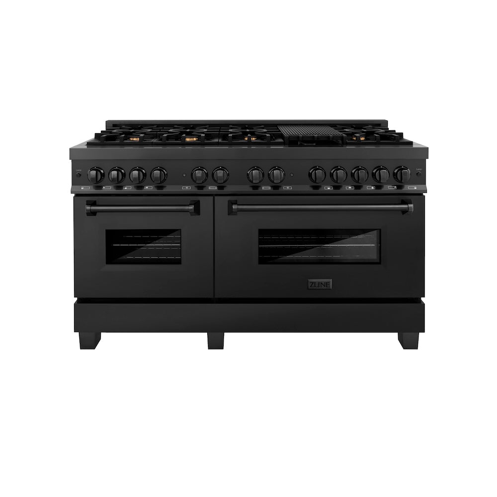 ZLINE 60 in. 7.4 cu. ft. Legacy Dual Fuel Range with Gas Cooktop and 2 Electric Convection Ovens in Black Stainless Steel with 8 Brass Burners, Open Box-Excellent Condition