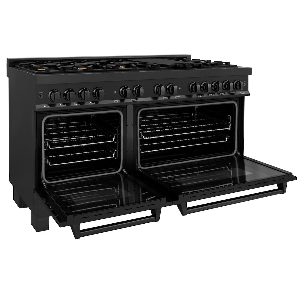 ZLINE 60 in. 7.4 cu. ft. Legacy Dual Fuel Range with Gas Cooktop and 2 Electric Convection Ovens in Black Stainless Steel with 8 Brass Burners, Open Box-Excellent Condition