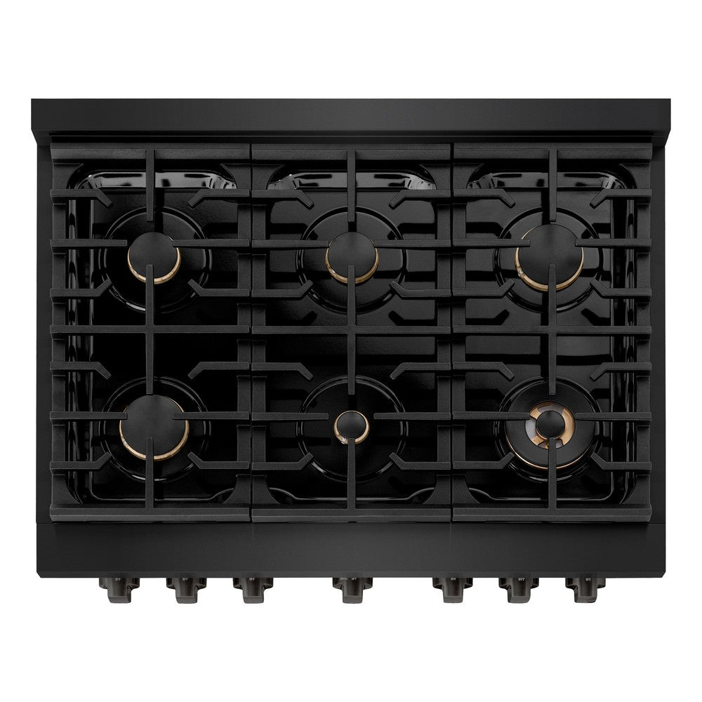 ZLINE 36" 5.2 cu. ft. Paramount Dual Fuel Range in Black Stainless Steel with 6 Brass Burners, SDRB-BR-36