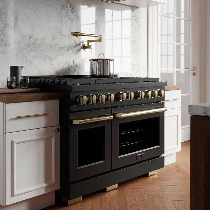 ZLINE Autograph 48" 6.7 cu. ft. Paramount Double Oven Dual Fuel Range with 8 Burners in Black Stainless Steel and Champagne Bronze Accents, SDRBZ-48-CB