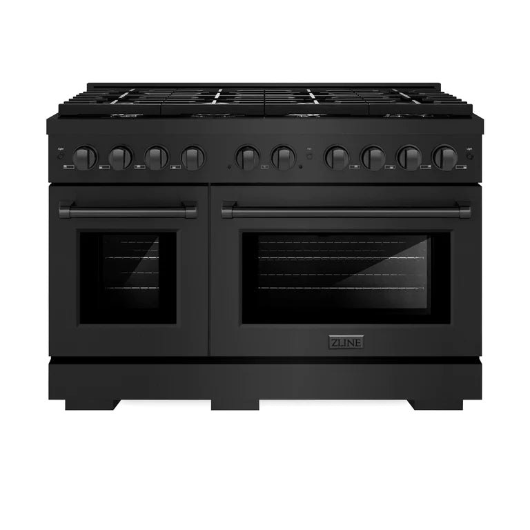 ZLINE Kitchen Appliance Package - 48 In. Gas Range with Brass Burners, Range Hood and Microwave Oven in Black Stainless Steel, 3KP-SGRBRHMWO-48