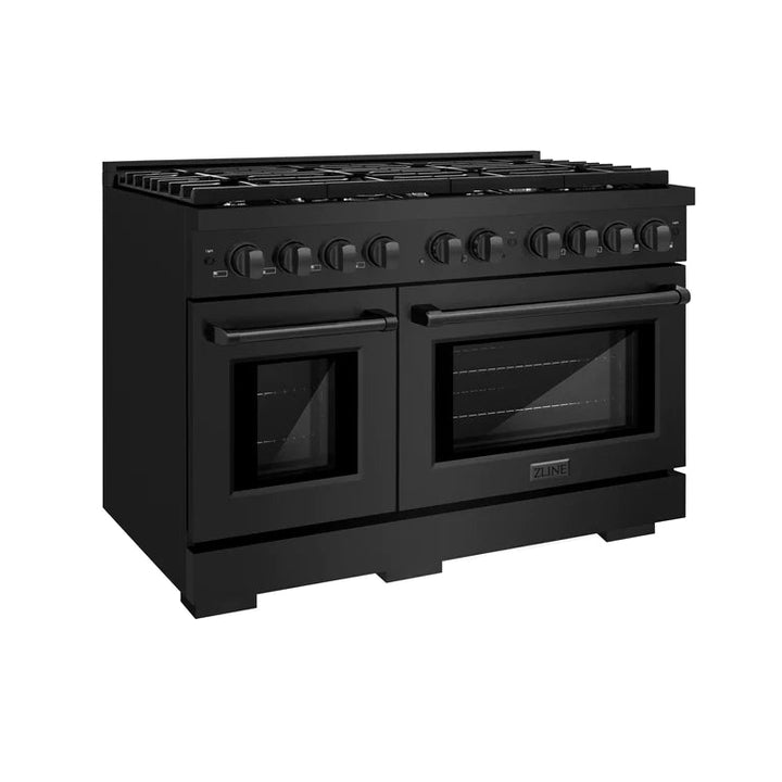 ZLINE Kitchen Appliance Package - 48 In. Gas Range with Brass Burners, Range Hood and Microwave Oven in Black Stainless Steel, 3KP-SGRBRHMWO-48