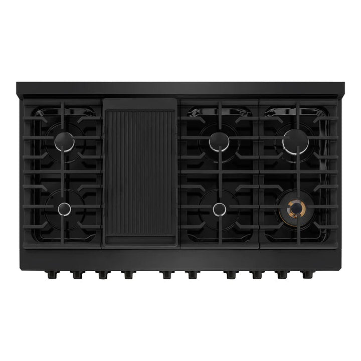 ZLINE Kitchen Appliance Package - 48 In. Gas Range with Brass Burners, Range Hood and Microwave Oven in Black Stainless Steel, 3KP-SGRBRHMWO-48