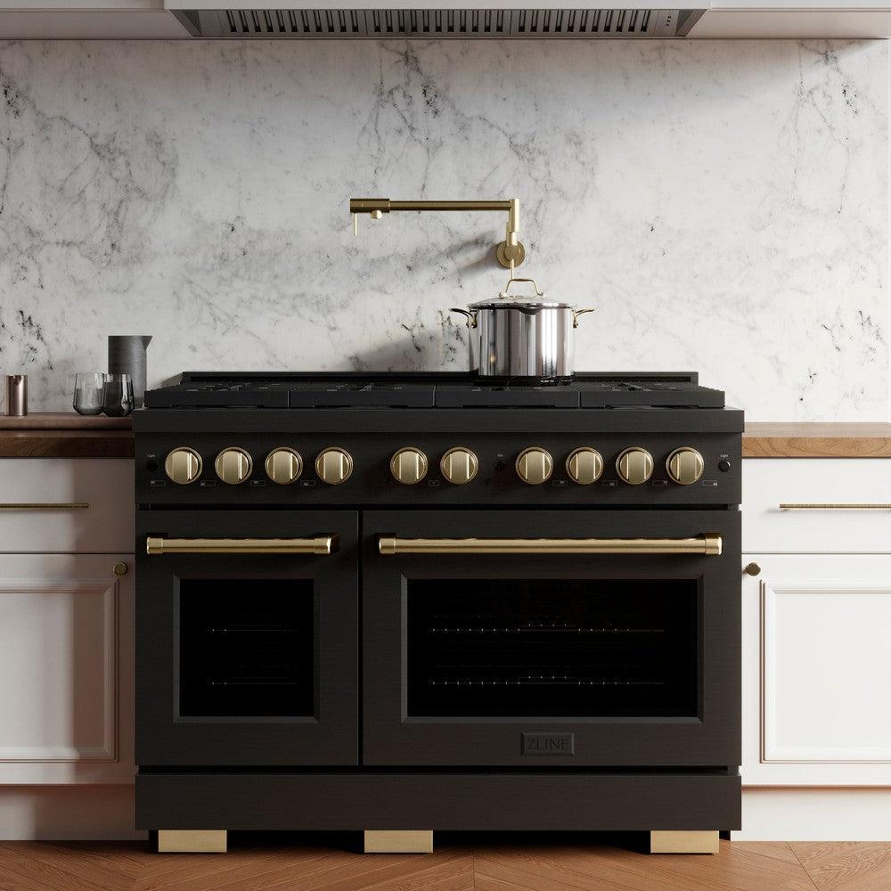 ZLINE Autograph 48" 6.7 cu. ft. Paramount Double Oven Gas Range in Black Stainless Steel and Bronze Accents, SGRBZ-48-CB