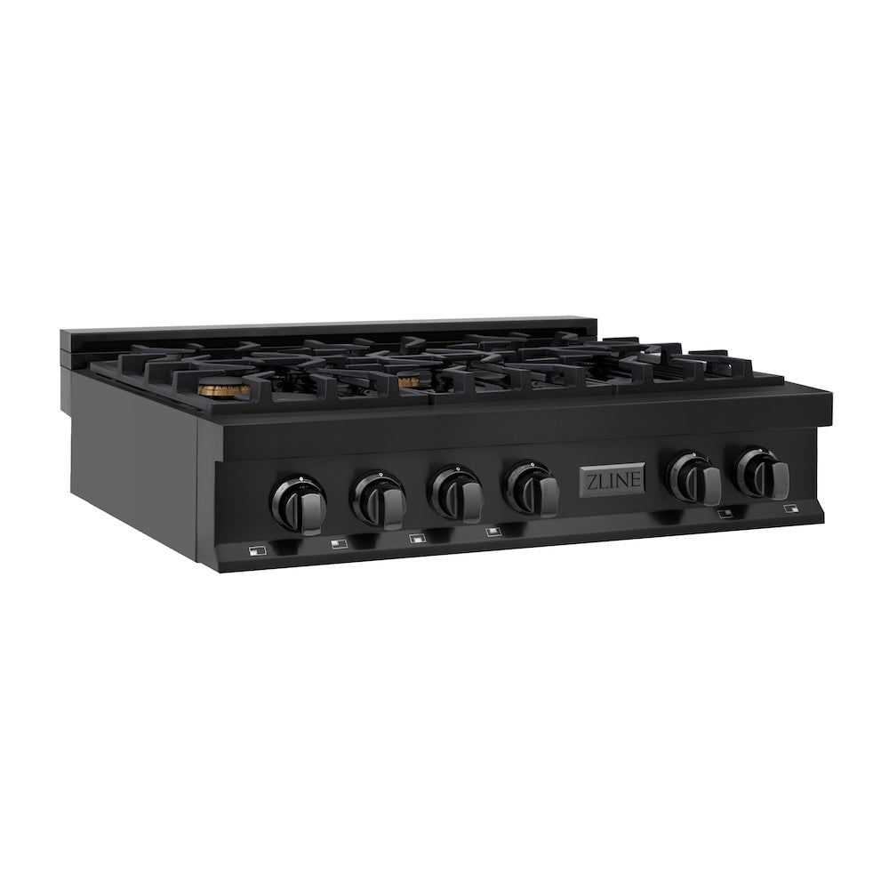 ZLINE 36 in. Legacy Gas Rangetop with 6 Brass Burners and Porcelain Cooktop in Black Stainless Steel, Open Box-Excellent Condition