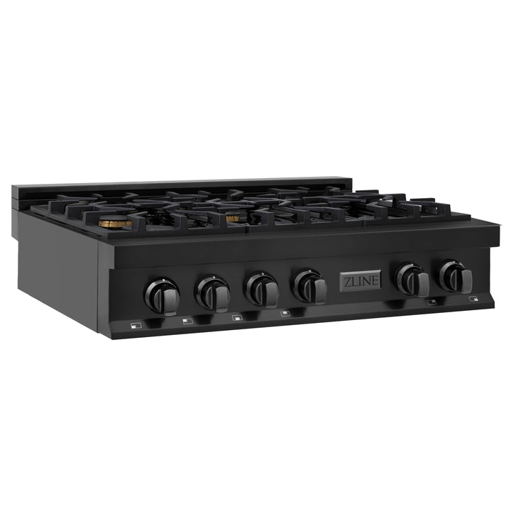 ZLINE 36 in. Rangetop with 6 Gas Brass Burners in Black Stainless Steel, RTB-BR-36