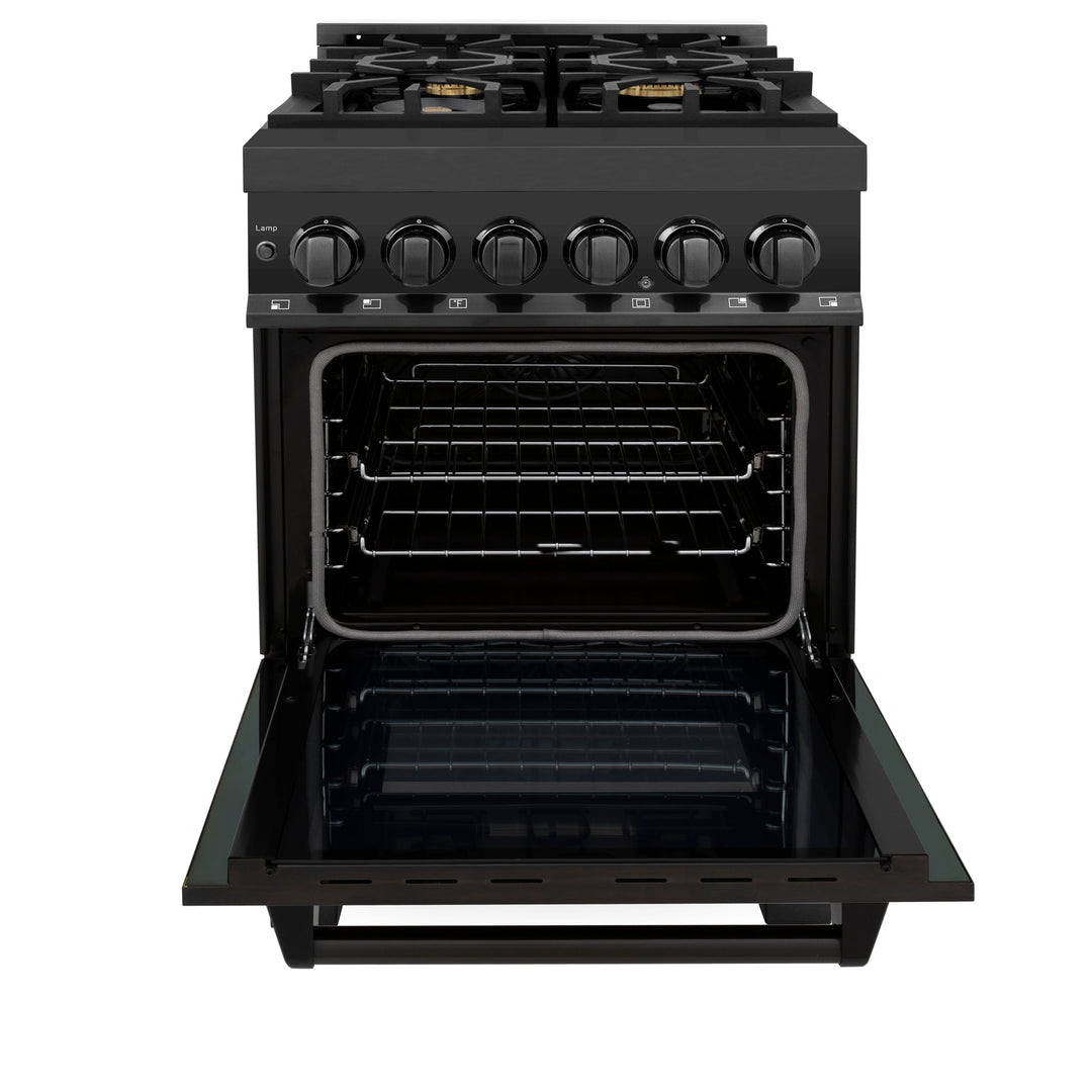 ZLINE 24 in. 2.8 cu. ft. Legacy Dual Fuel Range with 4 Burner Gas Cooktop and Electric Convection Oven in Black Stainless Steel, Open Box-Excellent Condition