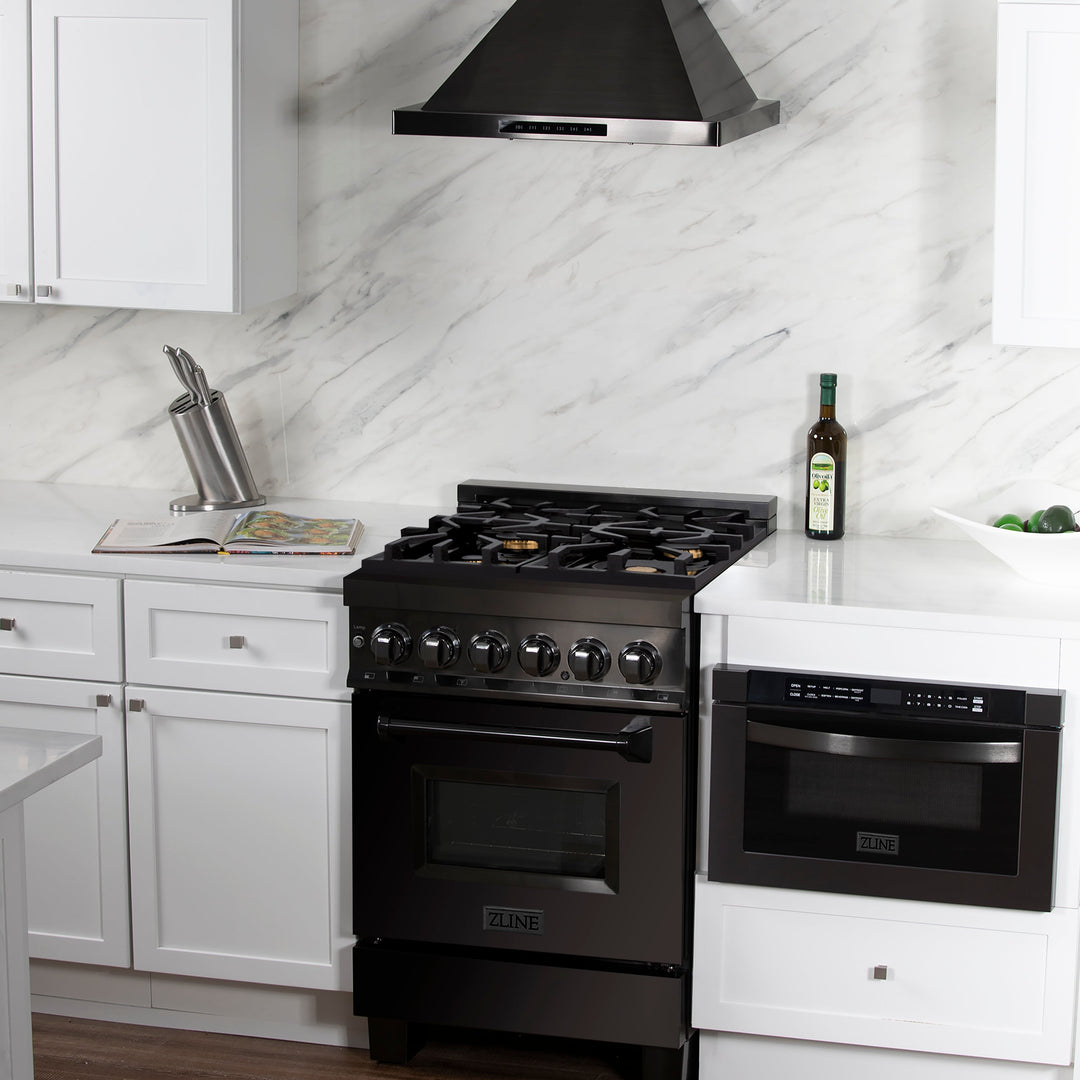 ZLINE 24 in. 2.8 cu. ft. Legacy Dual Fuel Range with 4 Burner Gas Cooktop and Electric Convection Oven in Black Stainless Steel, Open Box-Excellent Condition