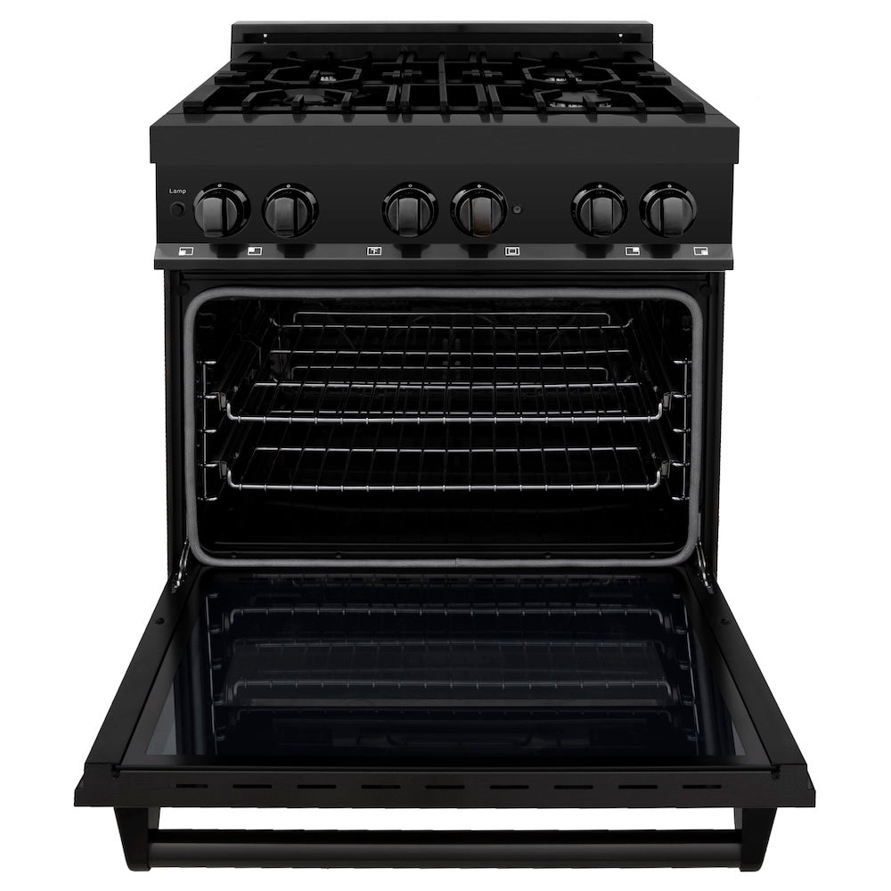 ZLINE 30 in. 4.0 cu. ft. Legacy Dual Fuel Range with 4 Burner Gas Cooktop and Electric Convection Oven in Black Stainless Steel, Open Box-Excellent Condition