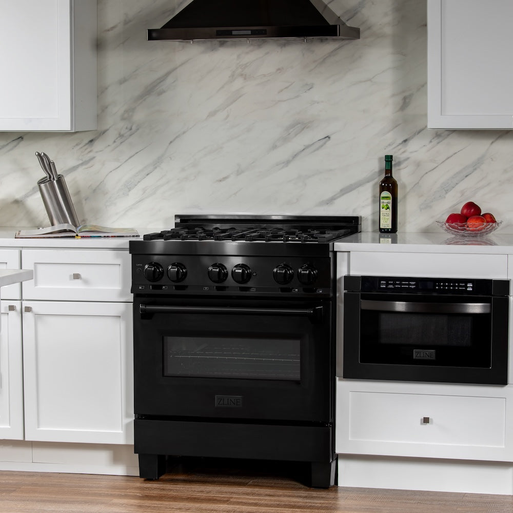ZLINE 30 in. 4.0 cu. ft. Legacy Dual Fuel Range with 4 Burner Gas Cooktop and Electric Convection Oven in Black Stainless Steel, Open Box-Excellent Condition