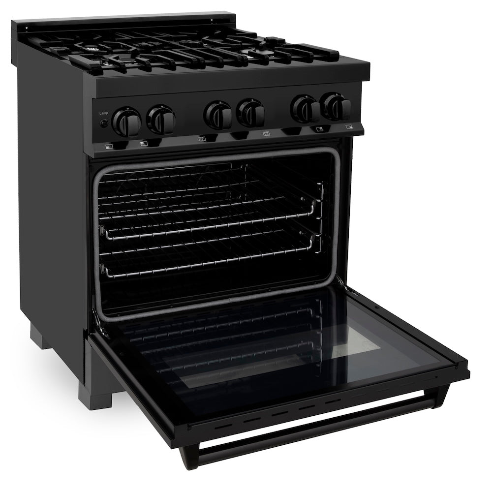 ZLINE 30 in. 4.0 cu. ft. Legacy Dual Fuel Range with 4 Burner Gas Cooktop and Electric Convection Oven in Black Stainless Steel, Open Box-Excellent Condition