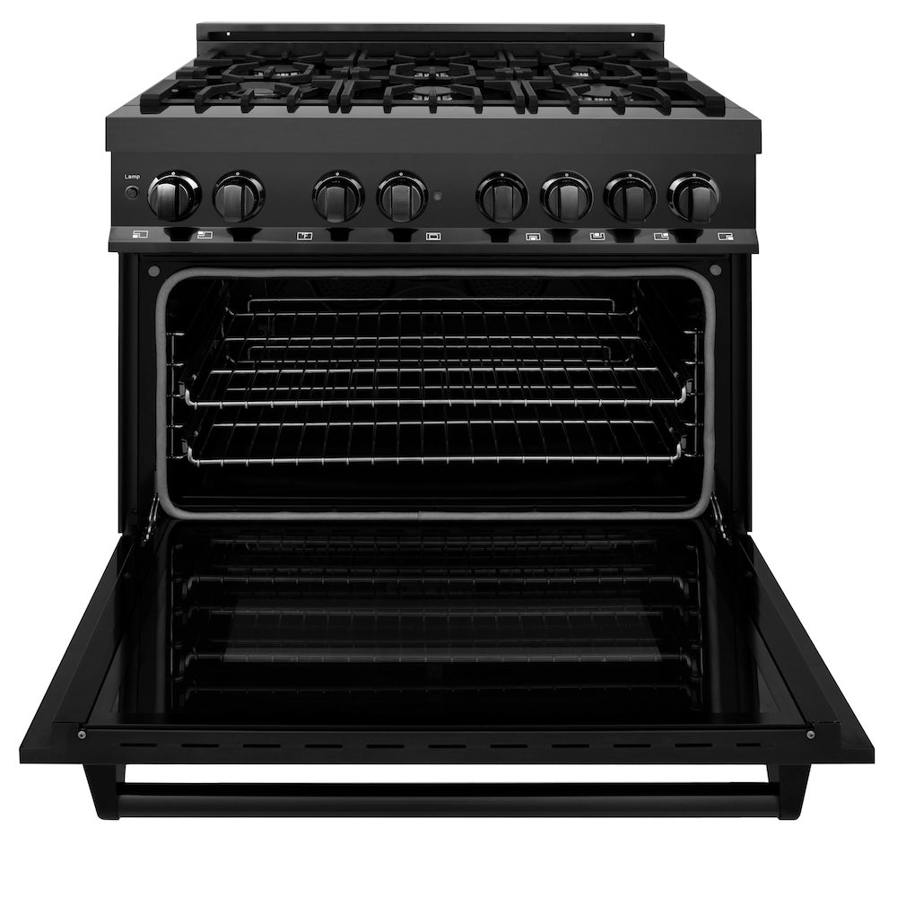 ZLINE 36 in. 4.6 cu. ft. Legacy Dual Fuel Range with 6 Burner Gas Cooktop and Electric Convection Oven in Black Stainless Steel, Open Box-Excellent Condition