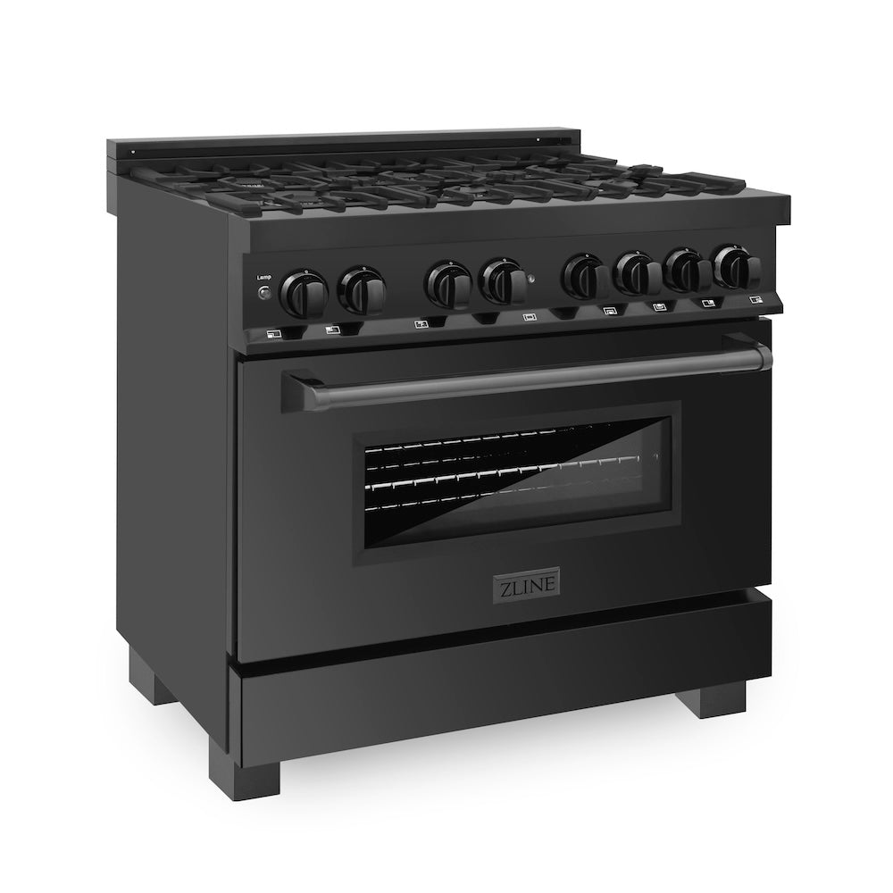 ZLINE 36 in. 4.6 cu. ft. Legacy Dual Fuel Range with 6 Burner Gas Cooktop and Electric Convection Oven in Black Stainless Steel, Open Box-Excellent Condition