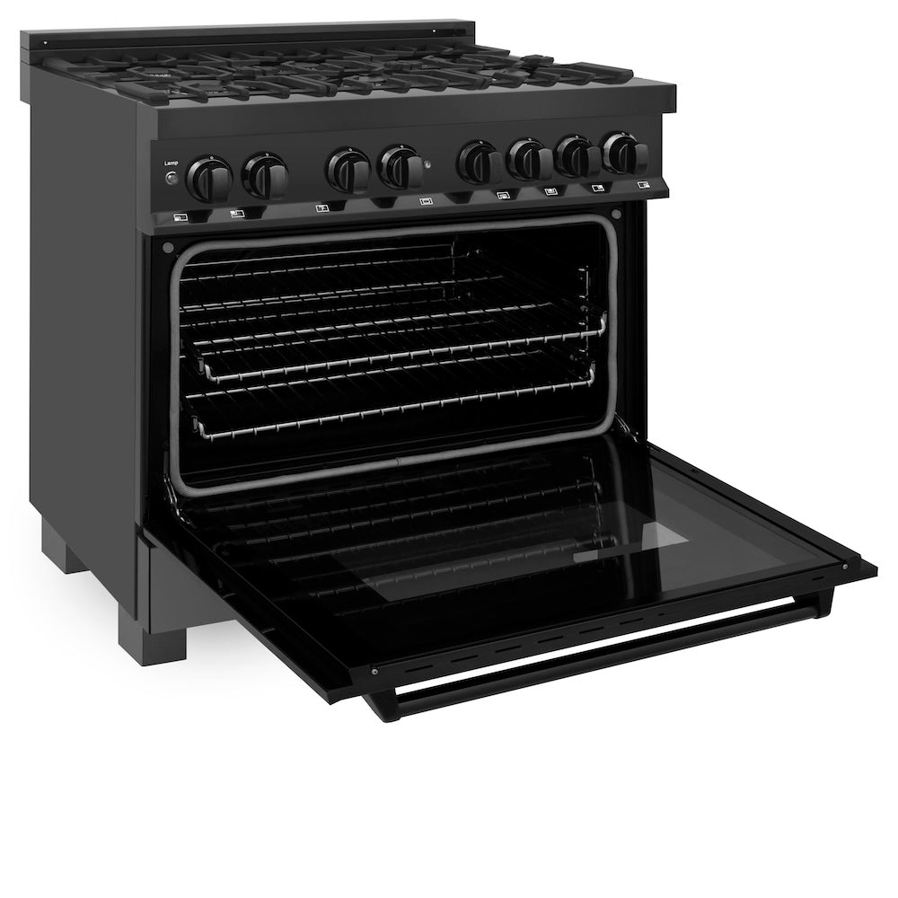 ZLINE 36 in. 4.6 cu. ft. Legacy Dual Fuel Range with 6 Burner Gas Cooktop and Electric Convection Oven in Black Stainless Steel, Open Box-Excellent Condition