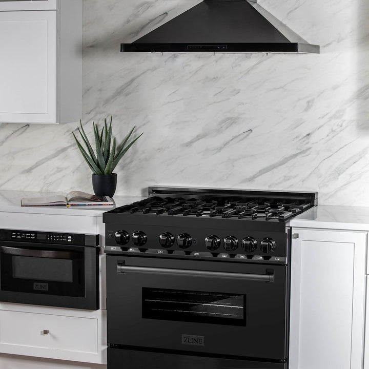 ZLINE 36 in. 4.6 cu. ft. Legacy Dual Fuel Range with 6 Burner Gas Cooktop and Electric Convection Oven in Black Stainless Steel, Open Box-Excellent Condition
