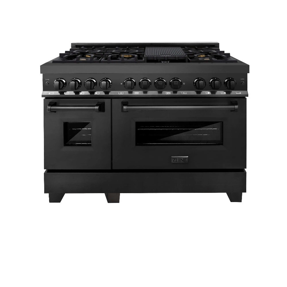 ZLINE 48 in. Kitchen Package with Black Stainless Steel Dual Fuel Range and Convertible Vent Range Hood (2KP-RABRH48)