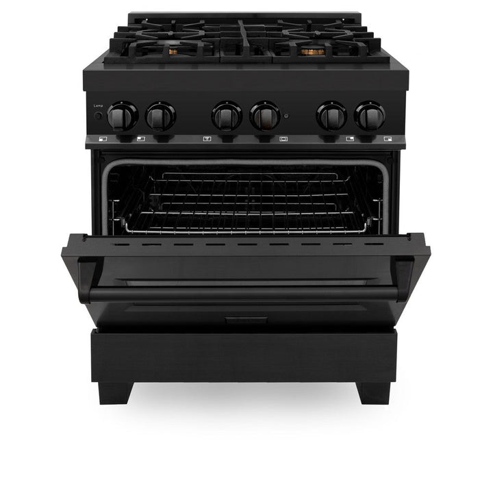 ZLINE Kitchen Package with Black Stainless Steel Refrigerator, 30 in. Dual Fuel Range, 30 in. Range Hood, Microwave Drawer, and 24 in. Tall Tub Dishwasher (5KPR-RABRH-MWDWV)