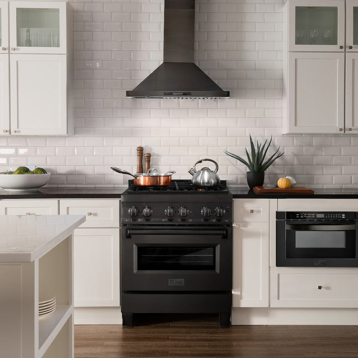 ZLINE 30 in. 4.0 cu. ft. Legacy Dual Fuel Range with Gas Cooktop and Electric Convection Oven in Black Stainless Steel with 4 Brass Burners, Open Box-Excellent Condition