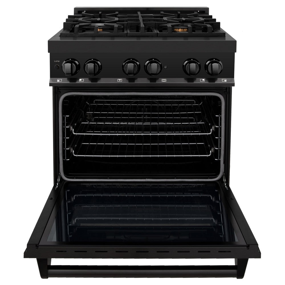 ZLINE Kitchen Package with Black Stainless Steel Refrigerator, 30 in. Dual Fuel Range, 30 in. Range Hood, Microwave Drawer, and 24 in. Tall Tub Dishwasher (5KPR-RABRH-MWDWV)