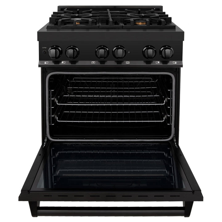 ZLINE Kitchen Package with Black Stainless Steel Refrigerator, 30 in. Dual Fuel Range, 30 in. Range Hood, Microwave Drawer, and 24 in. Tall Tub Dishwasher (5KPR-RABRH-MWDWV)