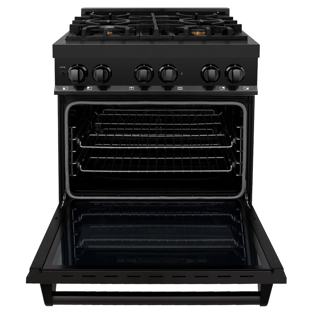 ZLINE 30 in. 4.0 cu. ft. Legacy Dual Fuel Range with Gas Cooktop and Electric Convection Oven in Black Stainless Steel with 4 Brass Burners, Open Box-Excellent Condition