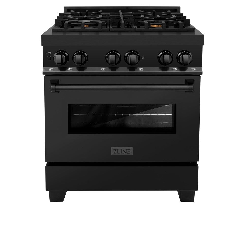 ZLINE Kitchen Package with Black Stainless Steel Refrigerator, 30 in. Dual Fuel Range, 30 in. Range Hood, Microwave Drawer, and 24 in. Tall Tub Dishwasher (5KPR-RABRH-MWDWV)