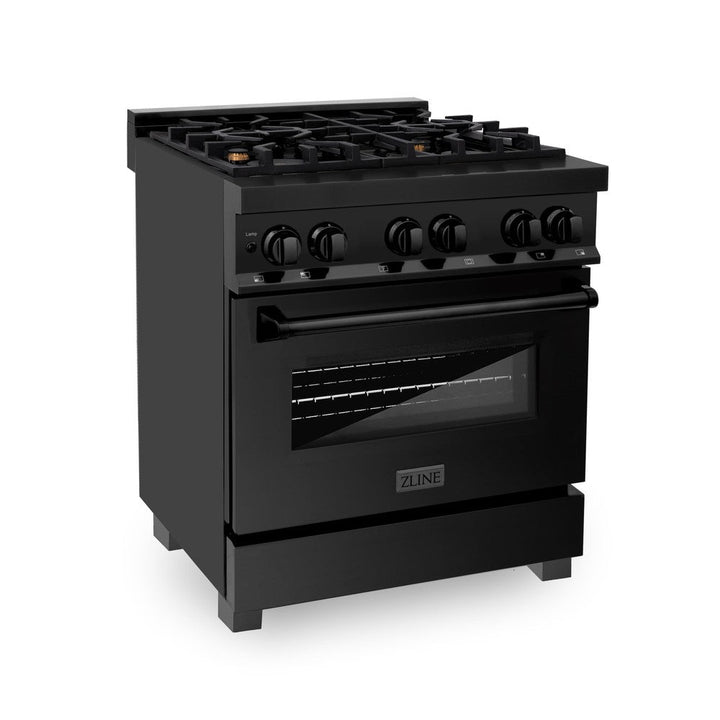 ZLINE Kitchen Package with Black Stainless Steel Refrigerator, 30 in. Dual Fuel Range, 30 in. Range Hood and Microwave Drawer (4KPR-RABRH30-MW)