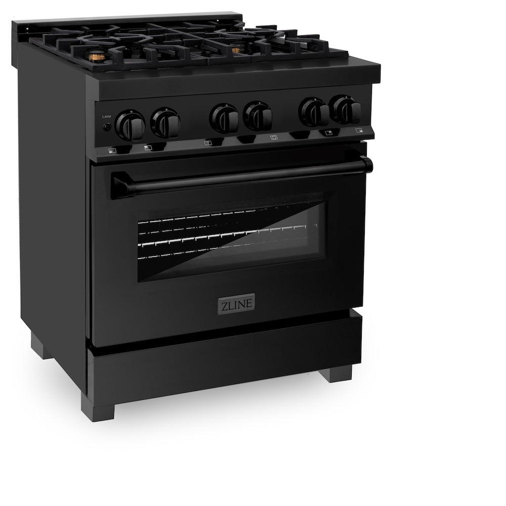 ZLINE 30 in. 4.0 cu. ft. Legacy Dual Fuel Range with Gas Cooktop and Electric Convection Oven in Black Stainless Steel with 4 Brass Burners, Open Box-Excellent Condition