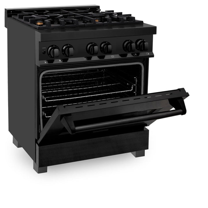 ZLINE Kitchen Package with Black Stainless Steel Refrigerator, 30 in. Dual Fuel Range, 30 in. Range Hood and Microwave Drawer (4KPR-RABRH30-MW)