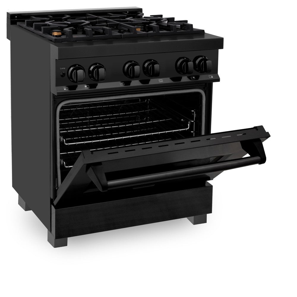 ZLINE Kitchen Package with Black Stainless Steel Refrigerator, 30 in. Dual Fuel Range, 30 in. Range Hood, Microwave Drawer, and 24 in. Tall Tub Dishwasher (5KPR-RABRH-MWDWV)