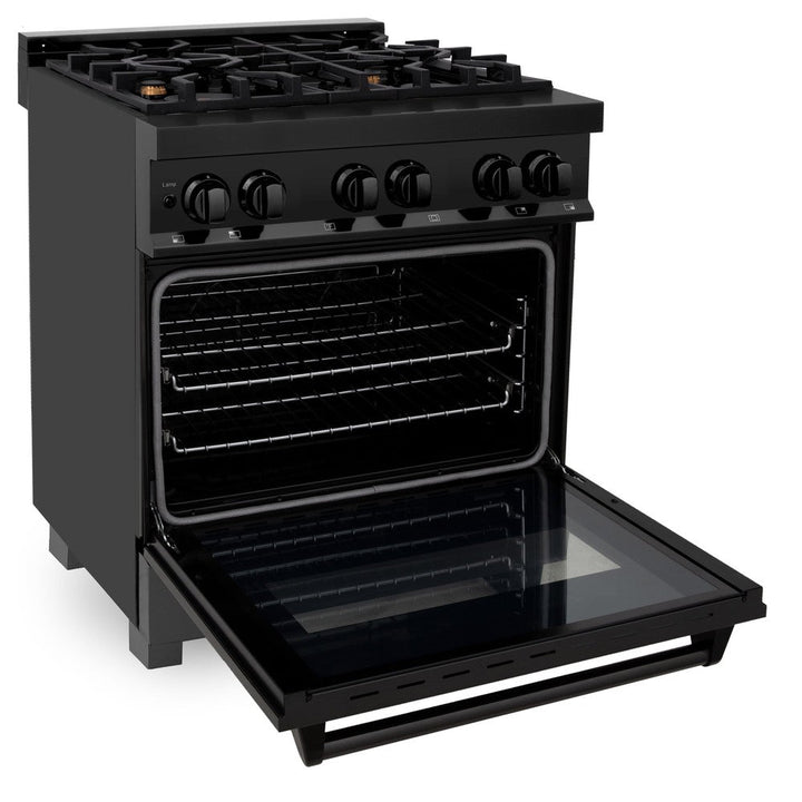 ZLINE Kitchen Package with Black Stainless Steel Refrigerator, 30 in. Dual Fuel Range, 30 in. Range Hood and Microwave Drawer (4KPR-RABRH30-MW)