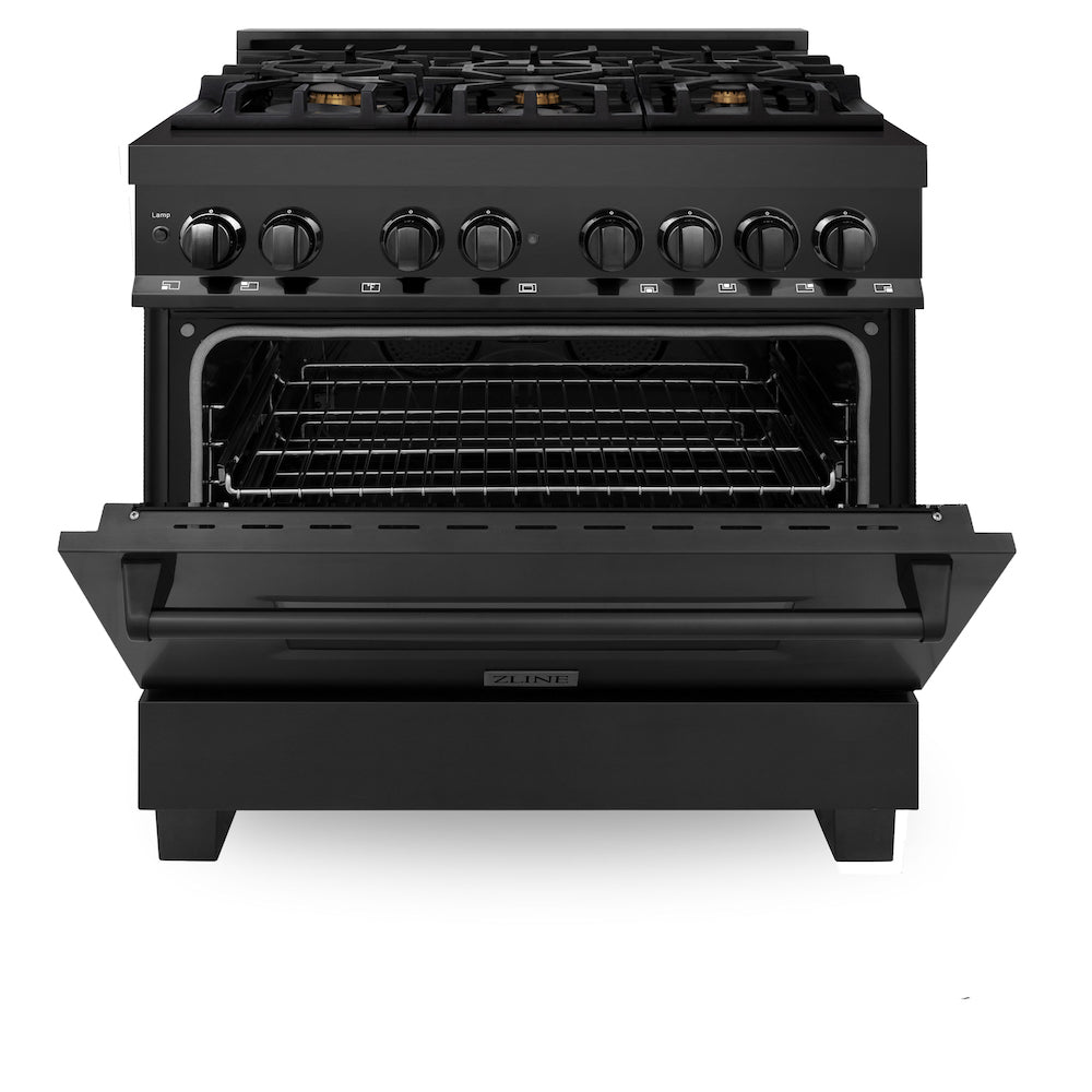 ZLINE 36 in. Kitchen Package with Black Stainless Steel Dual Fuel Range, Range Hood, Microwave Drawer and Dishwasher (4KP-RABRH36-MWDW)