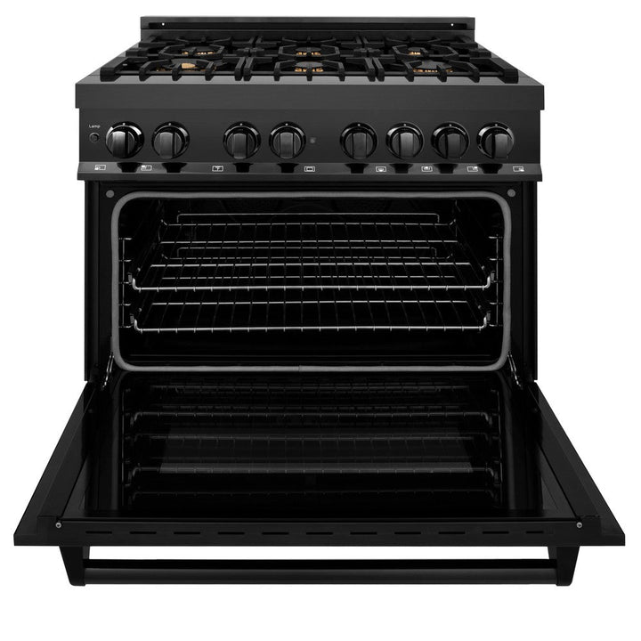 ZLINE Kitchen Package with Black Stainless Steel Refrigerator, 36 in. Dual Fuel Range, 36 in. Range Hood, Microwave Drawer, and 24 in. Tall Tub Dishwasher (5KPR-RABRH36-MWDWV)