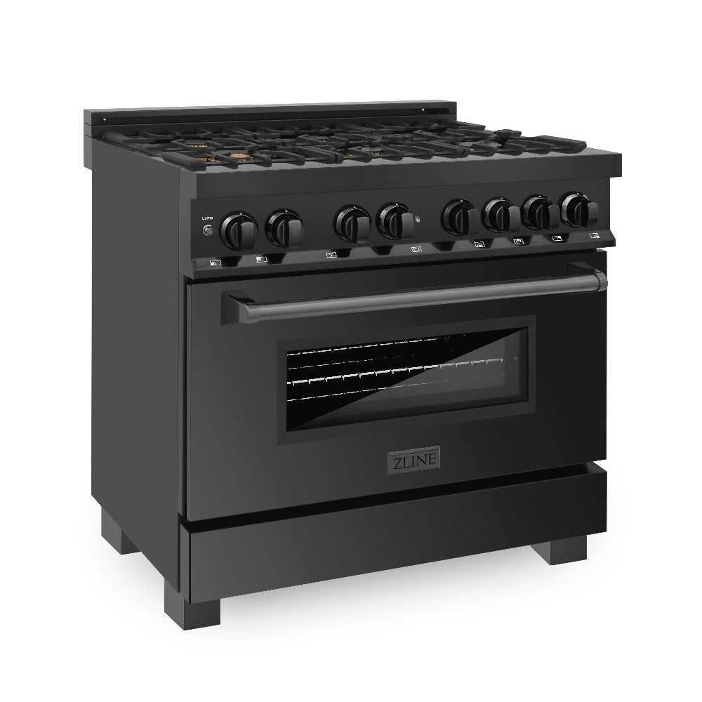 ZLINE Kitchen Package with Black Stainless Steel Refrigerator, 36 in. Dual Fuel Range, 36 in. Range Hood, Microwave Drawer, and 24 in. Tall Tub Dishwasher (5KPR-RABRH36-MWDWV)