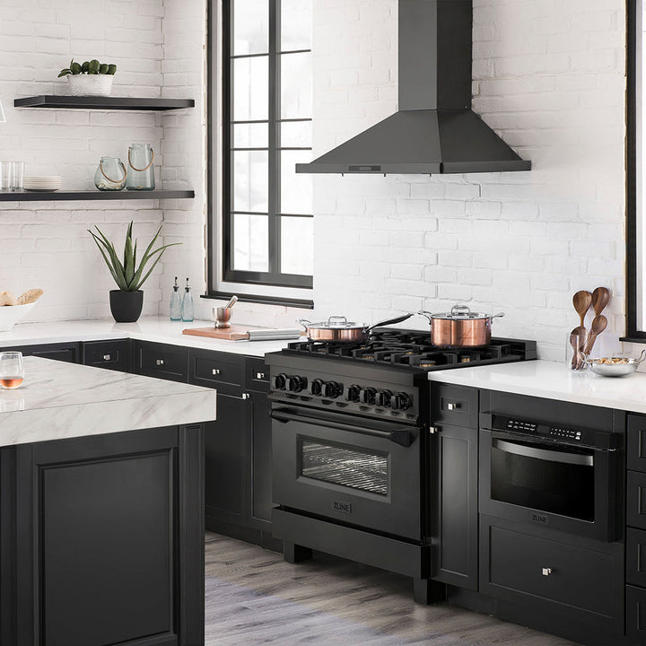 ZLINE 36 in. 4.6 cu. ft. Legacy Dual Fuel Range with Gas Cooktop and Electric Convection Oven in Black Stainless Steel with 6 Brass Burners, Open Box-Excellent Condition