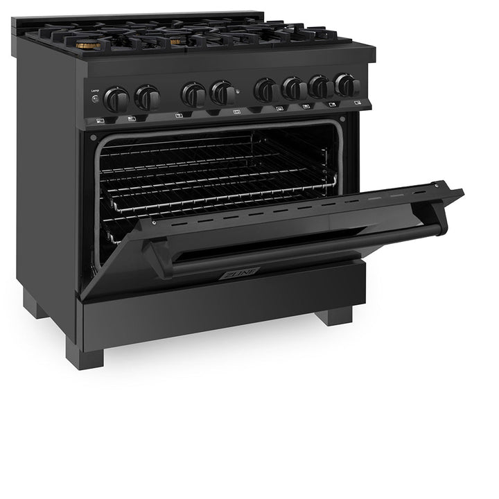ZLINE 36 in. 4.6 cu. ft. Legacy Dual Fuel Range with Gas Cooktop and Electric Convection Oven in Black Stainless Steel with 6 Brass Burners, Open Box-Excellent Condition