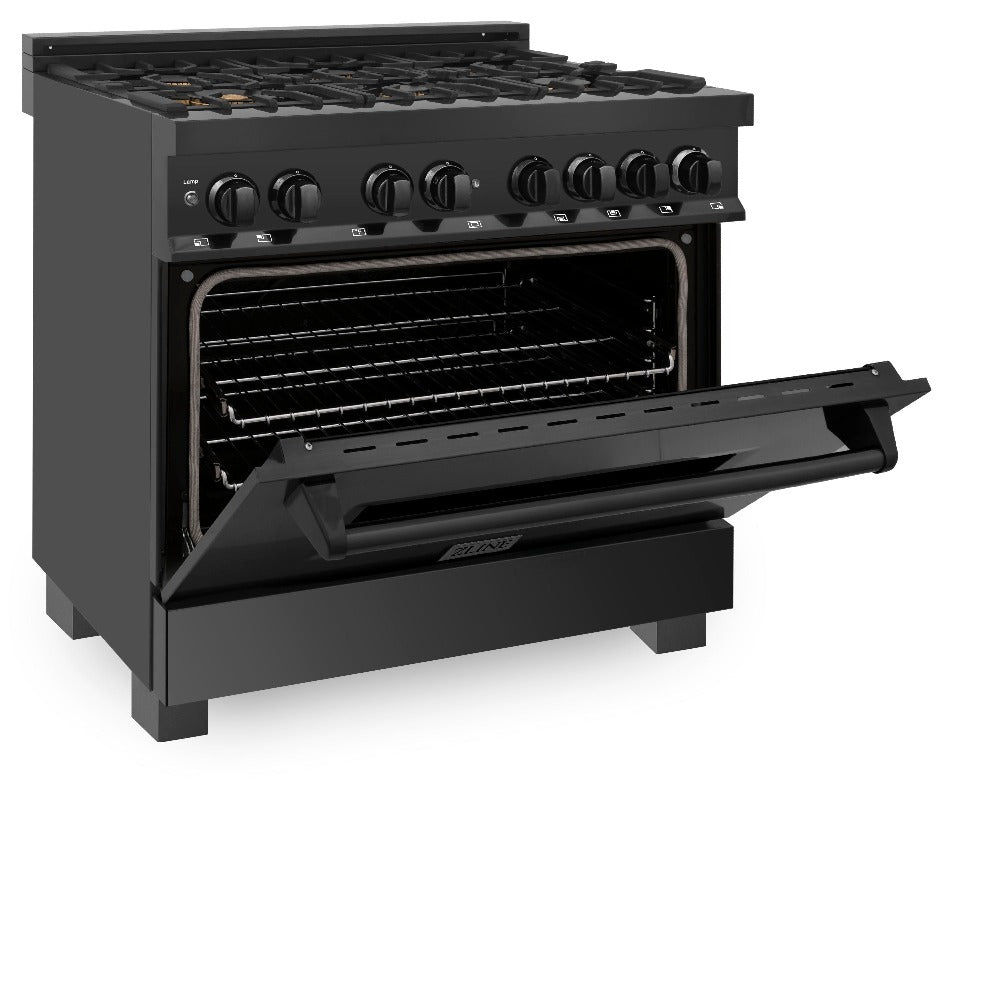 ZLINE Kitchen Package with Black Stainless Steel Refrigerator, 36 in. Dual Fuel Range, 36 in. Range Hood, Microwave Drawer, and 24 in. Tall Tub Dishwasher (5KPR-RABRH36-MWDWV)