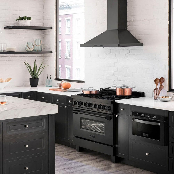 ZLINE Kitchen Package with Black Stainless Steel Refrigerator, 36 in. Dual Fuel Range, 36 in. Range Hood, Microwave Drawer, and 24 in. Tall Tub Dishwasher (5KPR-RABRH36-MWDWV)