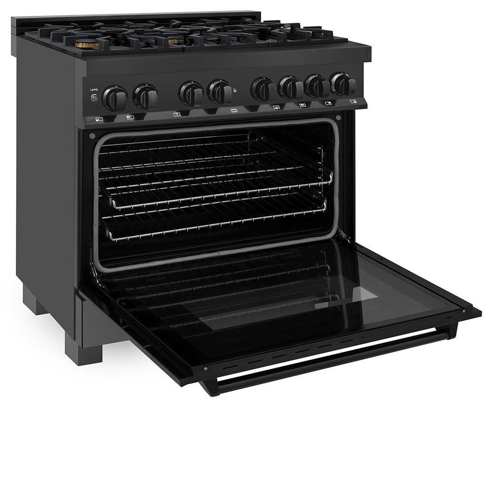 ZLINE 36 in. 4.6 cu. ft. Legacy Dual Fuel Range with Gas Cooktop and Electric Convection Oven in Black Stainless Steel with 6 Brass Burners, Open Box-Excellent Condition