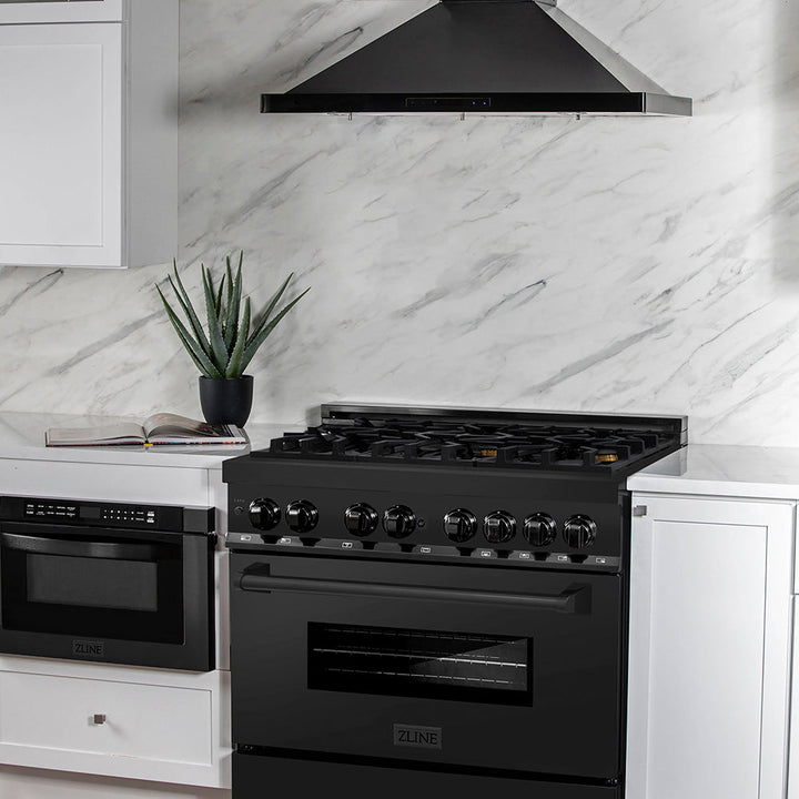 ZLINE 36 in. 4.6 cu. ft. Legacy Dual Fuel Range with Gas Cooktop and Electric Convection Oven in Black Stainless Steel with 6 Brass Burners, Open Box-Excellent Condition
