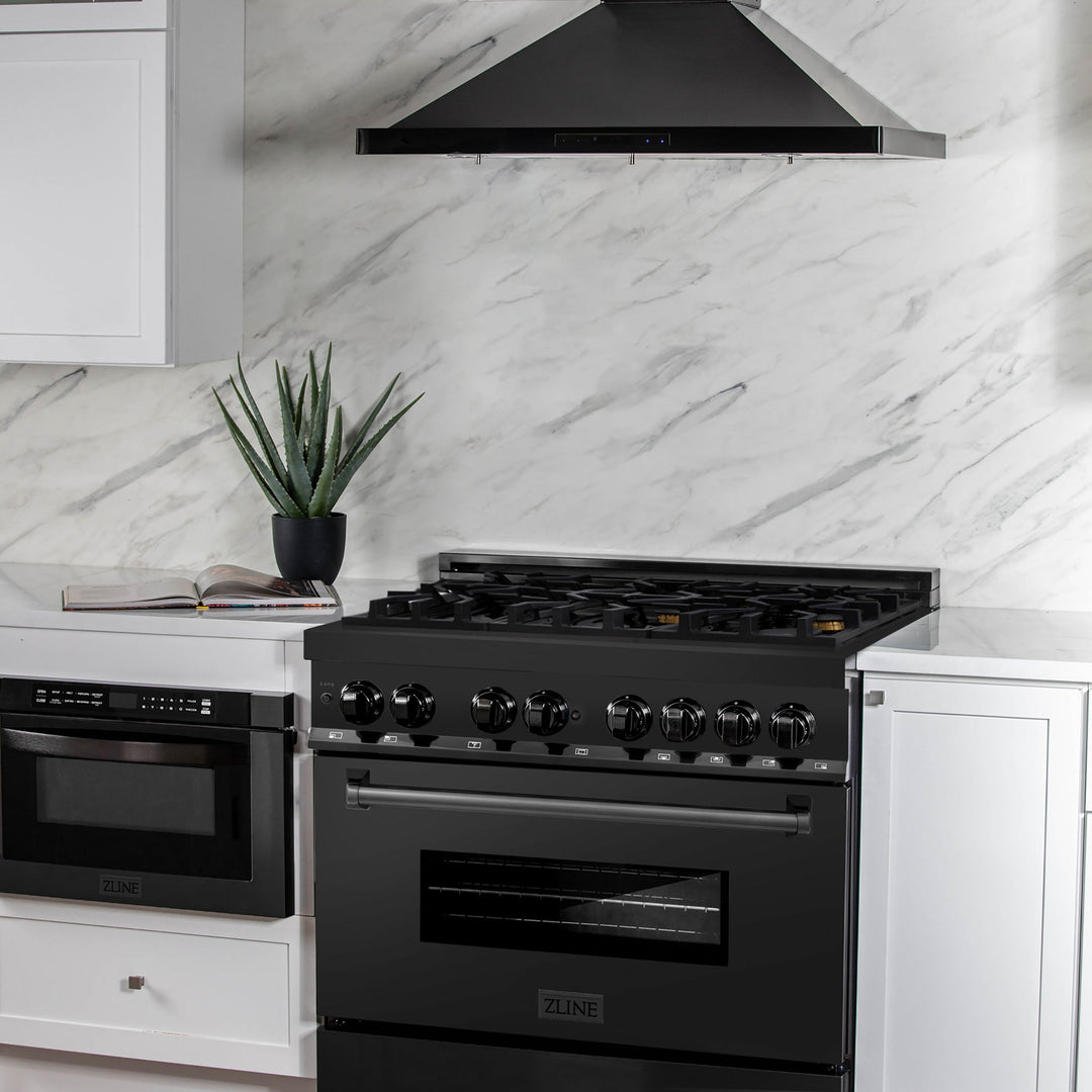 ZLINE 36" Legacy Dual Fuel Range with Gas Cooktop and Electric Convection Oven in Black Stainless Steel with 6 Brass Burners