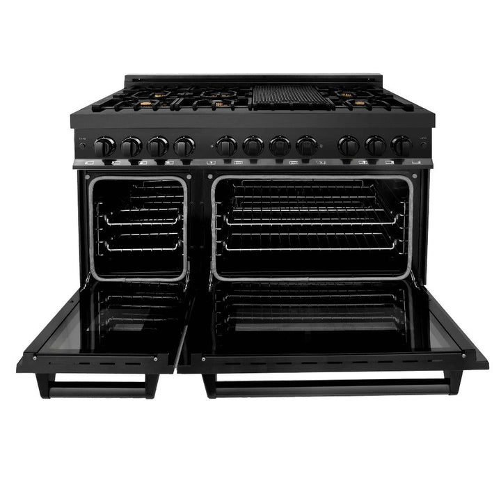 ZLINE Kitchen Package with Black Stainless Steel Refrigerator, 48 in. Dual Fuel Range, 48 in. Range Hood, Microwave Drawer, and 24 in. Tall Tub Dishwasher (5KPR-RABRH48-MWDWV)