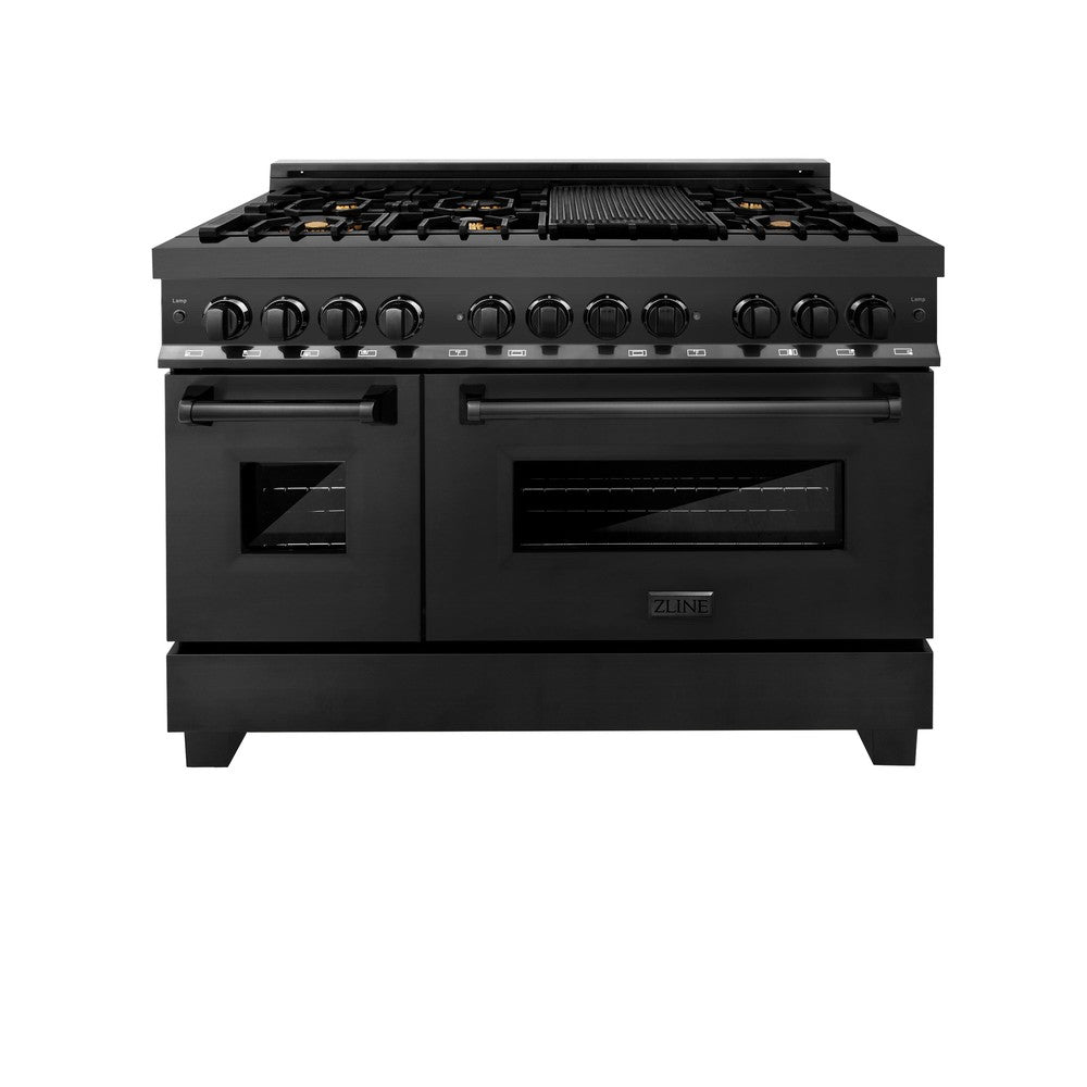 ZLINE 48 in. Kitchen Package with Black Stainless Steel Dual Fuel Range, Range Hood, Microwave Drawer and Dishwasher (4KP-RABRH48-MWDW)