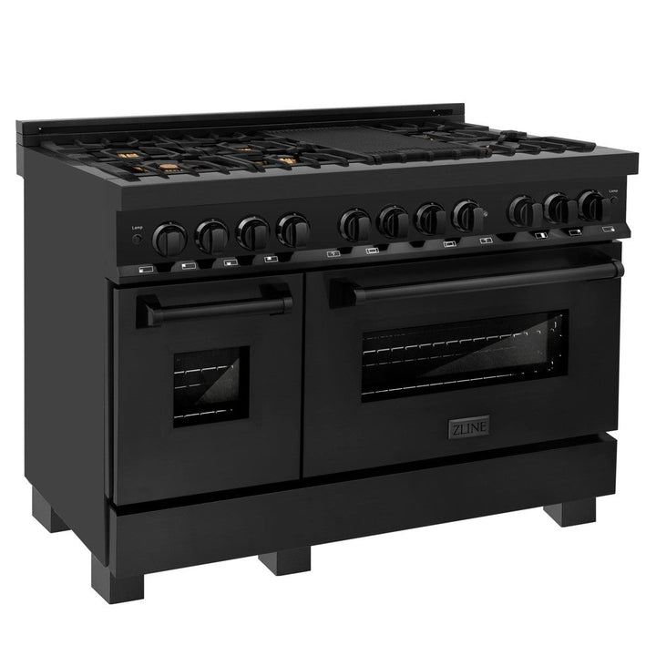 ZLINE 48 in. Kitchen Package with Black Stainless Steel Dual Fuel Range, Range Hood, Microwave Drawer and Dishwasher (4KP-RABRH48-MWDW)
